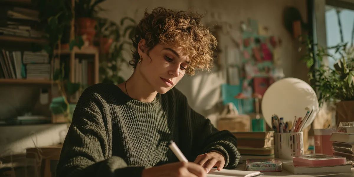 Écrivaine en atelier entourée d’ouvrages et d’auteurs passionnés